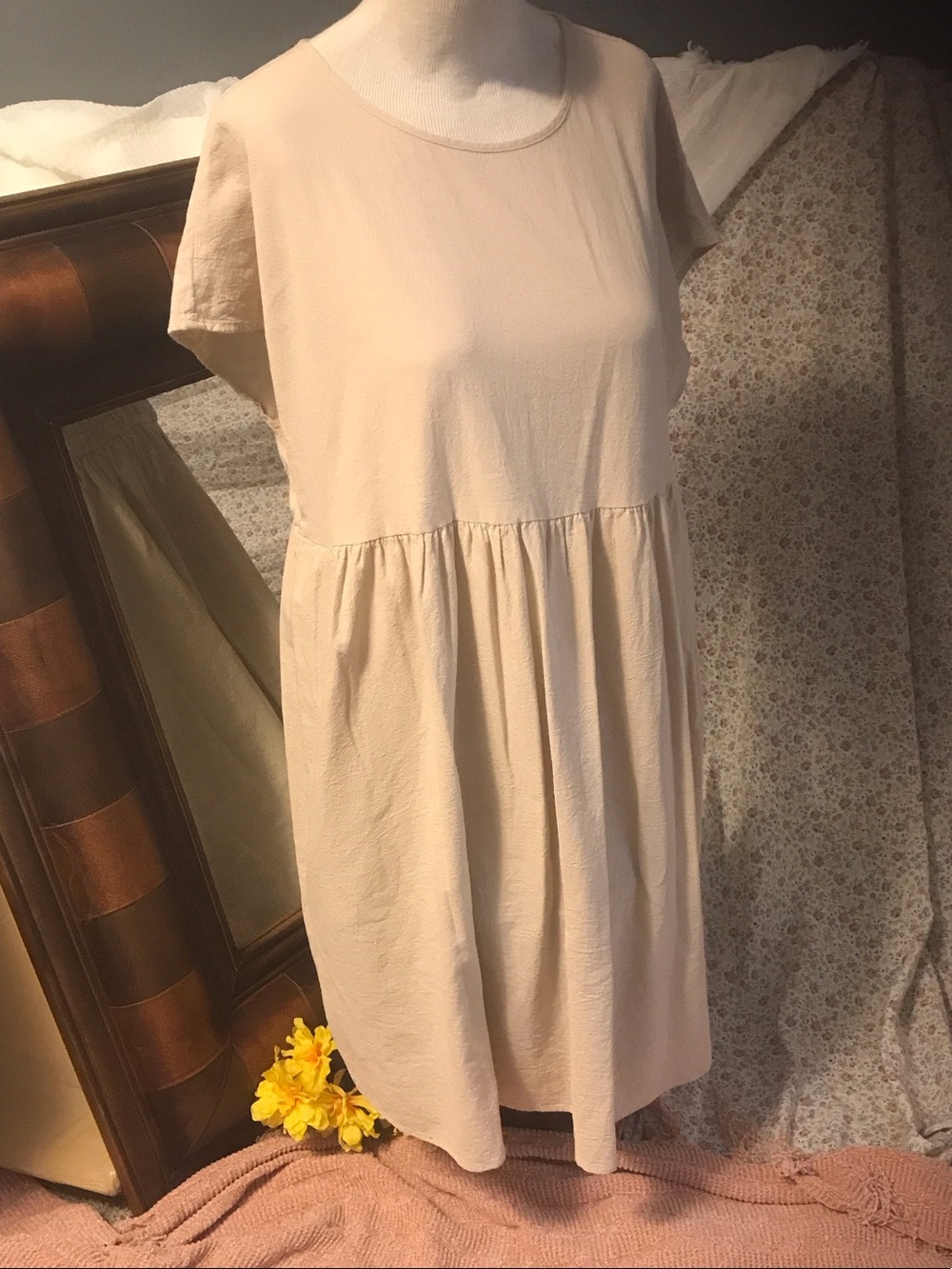 Relaxed Short Sleeve Midi Babydoll Dress in Light Beige